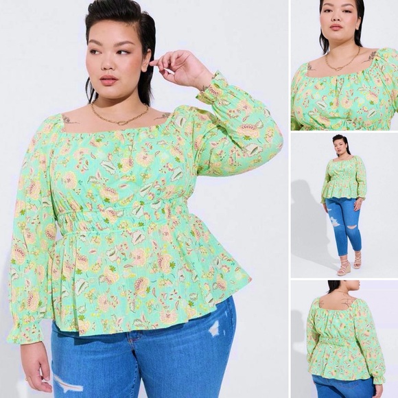 TORRID Tops - TORRID Clip Dot Blouse 100% Cotton Smocked Square Neckline Long Sleeve Lined